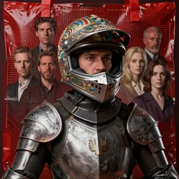 portrait of a knight in a ornate motorcycle dirt helmet, background circuitboard red plastic bag, rich deep colors, by francis bacon, james ginn, petra courtright, jenny saville, gerhard richter, zdzisaw beksinsk, takato yamamoto. masterpiece, i elegant fashion studio ighting, masterpiece. rendered in blender, ultra realistic, smooth shadows, ultra detail,