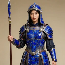 photograph of a real-life female warrior with lapis lazuli armour.  Extremely detailed. 8k