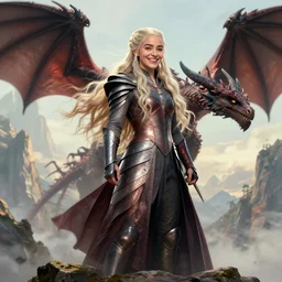 portrait of happy beautiful daenerys targaryen with long blonde windblown hair and dragonskin armor, standing on a ledge of a mountain with her dragons, glamour pose, detailed illustration, digital art, trending on artstation, yoshitaka amano, daniel merriam, arney freytag