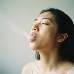analog photographic portrait with 5 0 mm lens and f / 1 2. 0 of a 7 7 years old woman woman with her eyes closed and spurting from her mouth a white viscous fluid floating in the air. with a slight variation of light in the liquid and gesture.