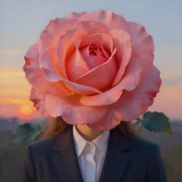 closeup, giant rose flower as a head, frontal, girl in a suit, surreal photography, sunrise, dramatic light, impressionist painting, digital painting, artstation, simon stalenhag