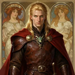a portrait of a medieval fantasy male elven sorcerer, beautiful, honey blond medium long hair and green eyes, leather armor, red cape, dragon necklace, very detailed, amazing quality, stunning, by rebecca guay and alphonse mucha and ilya kuvshinov, artstation, pixiv, digital art,