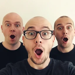 selfie of 3 0 - year old norwood 5 bald man with glasses and sparse beard, mouth wide open, surprise, 2 0 1 5