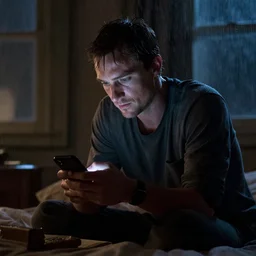 tobey maguire texting on his phone inside of his bedroom during a rainy night, cinematic lighting, photorealistic, highly detailed,