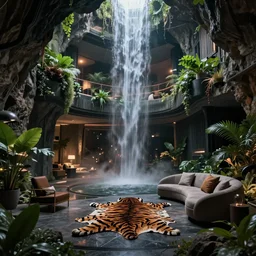 a futuristic apartment interior inside a waterfall cave, plants, tiger skin carpet high ceiling, dark moody lighting, foggy atmosphere, 16mm lens, by craig mullins, octane rendering