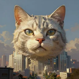 concept art of a huge building in the middle of a city that looks likes a cat's face, by moebius