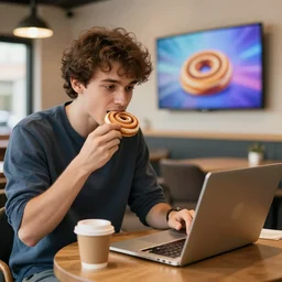 man sitting in a coffee shop eating a cinnamon swirl while on his laptop, tv in background, digital art