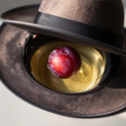 a single plum, floating in perfume, served in a man's hat