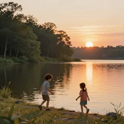 Digital art. Boy and girl playing at the lake near the forest edge. Sunset. Warm colors.