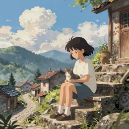 the girl and the cat, sitting on stairs. morning in a small village in the mountains, rocky roads, beautifull puffy clouds.  anime, studio ghibli. intricate, beautiful, cinematic. professional digital painting, artstation, concept art, smooth, Unreal Engine 5, 8k, cinema 4d, 3D