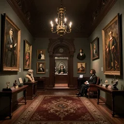 interior of a miskatonic museum at night in arkham horror of lovecraft in 1920 by Albert Bierstadt, Herbert James Draper, Arnold Bocklin, Caspar David Friedrich, Sir Lawrence, Alma-Tadema , Karl Heilmayer, JMW Turner 4k post-processing highly detailed matte painting