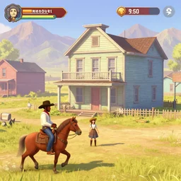 screenshot of gameplay dating simulator game set in 1 8 8 0, old west schoolhouse, featuring african american and japanese cowboys and cowgirls in ghost town with buildings painted bright pastel colors, morning light with mountains in the background