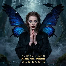 hyperrealistic portrait of amber heard as a vampire witch in a black coat, sapphire butterflies wings ravens mystic fog smoke swamp, praying. by jeremy mann and alphonse mucha, bouguereau, alma tadema, fantasy art, photo realistic, dynamic lighting, artstation, poster, volumetric lighting, very detailed faces, 4 k, award winning