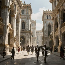capital city of a fantasy kingdom with a few knights in armor marching down the busy street and tall marble buildings with fantasy roman architecture, by Greg Rutkowski