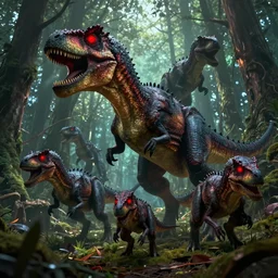 group of dark magic trex, red glowing eyes, hunting in the forest. in style of greg rutkowski and hyung - tae kim, trending on artstation, grimdark fantasy, great composition, highly detailed, dynamic pose, vibrant colors, epic, 8 k, unreal engine, octane render