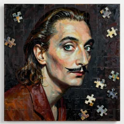 A surreal painting of puzzle of a portrait of a beautiful woman with scattered puzzle pieces by Salvador Dali, dark vibes, high contrast