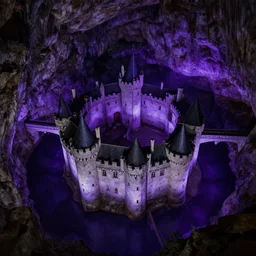 a circular limestone castle inside an underground dark cavern filled with purple glowing indigo purple liquid metal, castle is connected to the cavern walls by a wide bridge, aerial view,