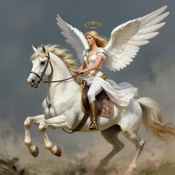 photo of a beautiful angel warrior riding a unicorn into battle