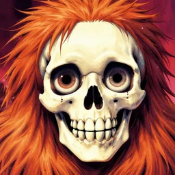 colorful illustration of happy hairy skull with eyeballs, by zac retz and junji ito