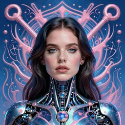 portrait of lana del rey as a cyborg. intricate abstract. key art. blue, pink, intricate artwork. by tooth wu, wlop, beeple, dan mumford. 8 k octane render, trending on artstation, greg rutkowski very coherent symmetrical artwork. cinematic, hyperrealism, very detailed, iridescent accents
