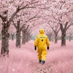 a yellow hazmat team is curiously entering a magnificent pink cherry blossom forest with pink grass. they are surrounded with weird jellyfish shaped creatures and unique purple fauna. award winning digital art, detailed