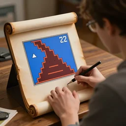 a human from 222 playing tetris on his ancient scroll,  photo realistic, 4k