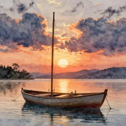 Watercolor illustration of a boat against the sunset, thomas kinkade