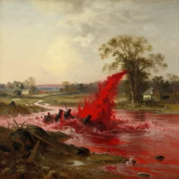 a tidal wave of bright red blood spilling out over a countryside, Hudson River School Art