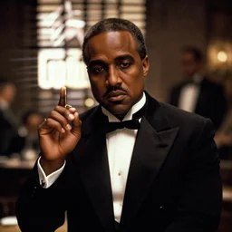 kanye west as the vito corleone in the godfather movie still, cinematic lighting, ray tracing, octane render, long lens, shallow depth of field, bokeh, anamorphic lens flare, 8 k, hyper detailed, 3 5 mm film grain,
