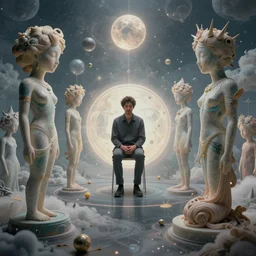 a man sitting in the center of the multi dimensional latent space conceptualizing our collectively designed divine imaginations, 4 k surrealism