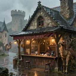 a medieval coffee shop in camelot, raining, beautiful, artwork by greg rutowski, 4 k, masterpiece w 8 3 2