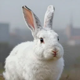 white bunny with black spots on face and nose, realistic and ultra intricate detailed soft painting, volumetric lighting, mist, cityscape background, Artstation, Tom Bagshaw Yasushi Nirasawa Moebius artstyle, unreal render, depth of field ,