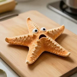 a photo from a cooking magazine, of a starfish with a horrified look on his face, laying on a cutting board. 4 k, hd, award winning photo. - n 4