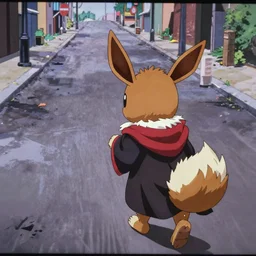screenshot from an anime about eevee wearing wizard robes and wandering an empty street alone, anime, 8 0 s, vhs, vhs effects, art by yuji ikehata