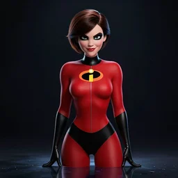 striking character concept portrait, elastigirl, wrists together, red and black leotard costume with zipper, curvaceous, the incredibles. detailed, elegant, high quality, dark lighting, very high contrast with dark background, fantasy, reflective, spotlight. digital artwork by artgerm and wlop and alex ross and alphonse mucha, trending on artstation