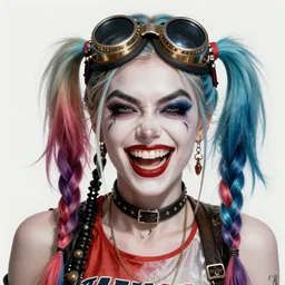double long braids blue, brown steampunk metall welding goggles cat - eye, no makeup, tane skin, insane crazy laugh, harley quinn, portrait shinkai makoto artgerm rossdraws james jean marc simonetti highly detailed intricate matte sharp focus digital painting artstation pixiv