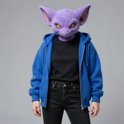a lavender kobold wearing black jeans a blue hoodie and a black t - shirt