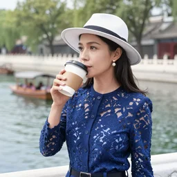 a beautiful woman wearing a blue lace top and a white hat, drinking coffee by a river in beijing