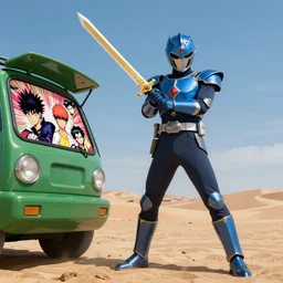 blue knight holding a gold sword, green hatchback car screen left, low wide angle, anime, desert landscape, greg rutkowski, Murata, one punch man manga, cinematic, digital art, hyper realistic