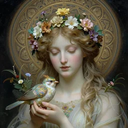 Beautiful Pre-Raphaelite goddess of nature holding a little bird, in the style of John William Godward and Anna Dittman, close-up portrait, porcelain skin, head in focus, sacred mandala halo, flowers and plants, etheric, moody, intricate, mystical,