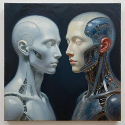 an amazing painting of an artificial intelligence painting another artificial intelligence, highly detailed, dramatic lighting