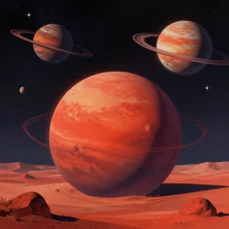 a retro sci-fi scenery of a red planet with planets in the sky, starry, surreal, art
