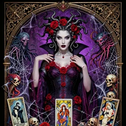 closeup portrait athena succubus gothic varga elvira barb wire megan fox maleficent roses medusa, wicca, ornate arch, druid magical seance, cthulhu, kraken, skulls, spider webs, glamour pose, moebius, gta v, dan mumford, mucha, nagel, tarot card, d & d, new art nouveau, black paper, vibrant, greg rutkowski,
