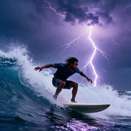 a wide angle dynamic action photo of a black man with dreadlocks surfing during a lightning storm, ( large, violent, neon, waves )!!!!, by clark little and rhads, concept art by artgerm
