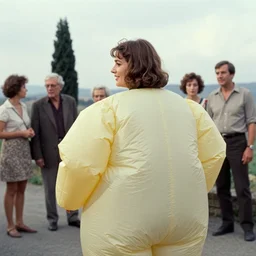 an ample woman dressed as a squishy inflatable toy, from behind, smiley passersby, in tuscany, film still, fellini 1977 technicolor