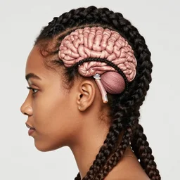 a woman whose braids looks like the shape of a brain on her head