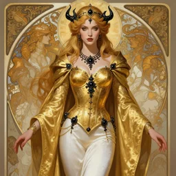 Portrait of a Holy Necromancer, female, beautiful, golden robes, white pants, exquisite black accessories, golden corset, highly detailed, smooth, sharp focus, outlines, digital painting, illustration, fantasy, by Krenz Cushart and Artem Demura and alphonse mucha, artstation, cgsociety