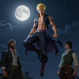 saitama floating high in the night, fantasy, full moon in background. highly detailed painting by gaston bussiere, craig mullins, j. c. leyendecker, mid shot, 8 k realistic, cryengine, frostbite 3 engine, sharp focus