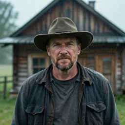 a cinematic headshot portrait of a farmer, stood outside a wooden cabin, raining, movie still, shallow depth of field, dramatic lighting, by krenz cushart