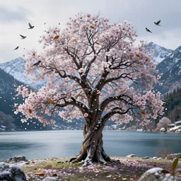 a beautiful awesome artistic tree in the winter with falling flowers like leaves and many birds, all in the amazing outdoors view, mountain in the background, lake, long exposure, 8 k resolution, trending on artstation